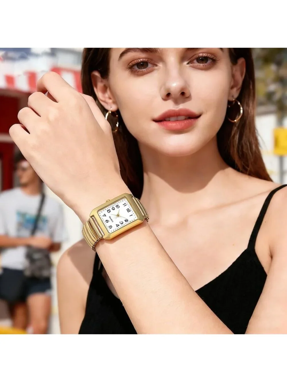 Women's Gold Analog Quartz Big Dial Easy Reader Stretch Band Square Wrist Watch